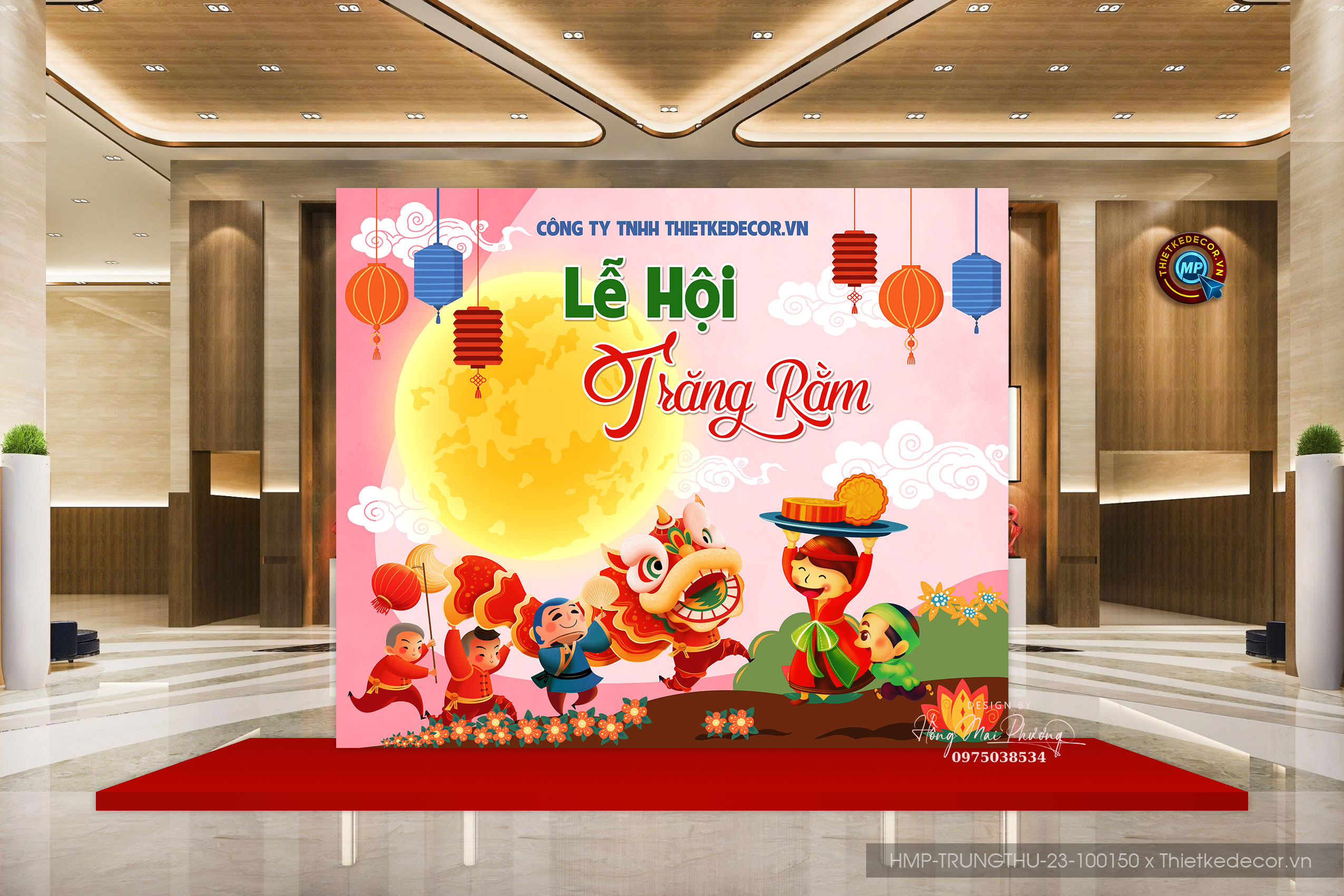backdrop trung thu 300x250 tone hồng. Mẹ con đi xem múa lân dưới ánh trăng.